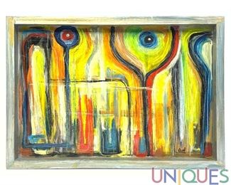 Lot 215 Artist Signed Abstract Painted Wood Tray