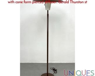 Lot 218 Lightolier floor lamp. Brown enamel saucer shade with cone form pierced diffuser. Gerald Thurston st