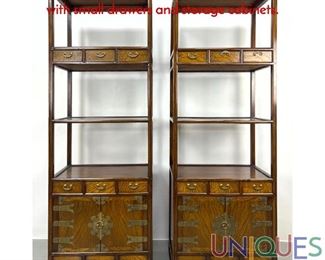 Lot 232 Pr Asian Burl Wood Etageres. Display Shelves with small drawers and storage cabinets.