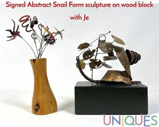 Lot 234 2pc Metal Modernist Sculptures. 1 C JERE Signed Abstract Snail Form sculpture on wood block with Je