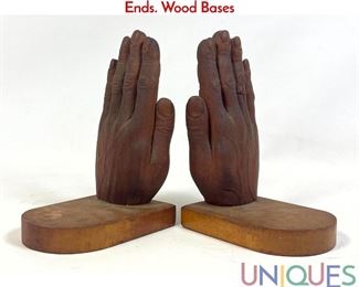 Lot 235 Pr Life Size Carved Wood Hand Sculpture Book Ends. Wood Bases