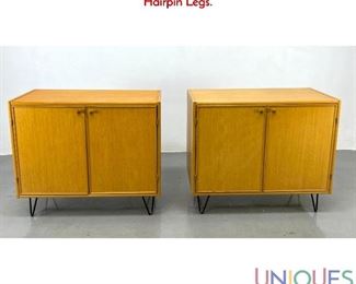 Lot 249 Pair of Blond wood vintage storage cabinets. Black Iron Hairpin Legs.