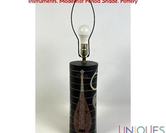 Lot 251 Italian Pottery Column Table Lamp. Hand Painted Musical Instruments. Modernist Period Shade. Pottery
