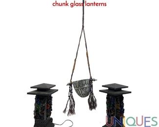 Lot 264 Don Drumm planter and a pair of colored rock chunk glass lanterns