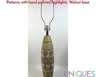 Lot 268 Italian pottery lamp. Incised Leaf and Diamond Patterns with hand painted highlights. Walnut base