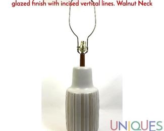 Lot 269 Gordon Martz Studio Pottery Table Lamp. White glazed finish with incised vertical lines. Walnut Neck