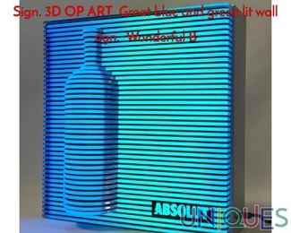 Lot 277 ABSOLUT VODKA Promotional LightUp Sign. 3D OP ART. Great blue and green lit wall sign. Wonderful B