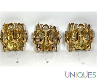 Lot 281 Set 3 LOBMEYR Wall Sconces. Brass and glass.
