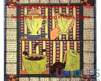 Lot 283 MELODY ELLIS Coffee themed Ceramic Wall Plaque Art. Pottery tiles featuring coffee cup images. Signe