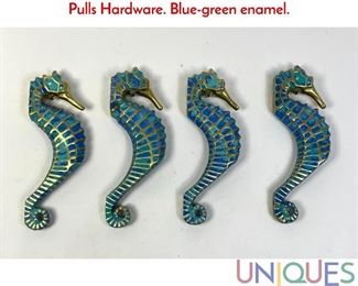 Lot 286 Set 4 Bronze and Enamel Sea Horse Figural Pulls Hardware. Bluegreen enamel.