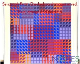 Lot 289 VICTOR VASARELY Signed OP ART Serigraph Print. Checkerboard images in red, blue, orange and purple p