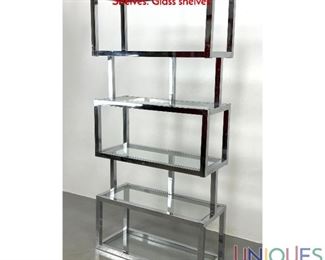 Lot 296 Stylish Stacked Form Chrome Etagere Modernist Display Shelves. Glass shelves.