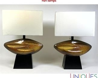 Lot 297 In the style HEIFETZ lamp company. Pair of ceramic fish lamps