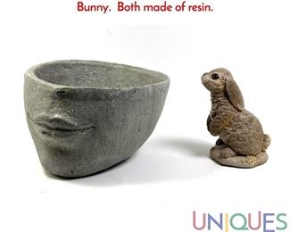 Lot 304 2pc Outdoor Garden. Face Lips Planter and Bunny. Both made of resin.