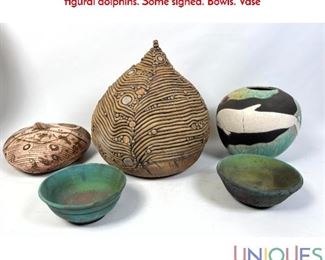Lot 309 Collection 5pc Artisan Studio Pottery. Modernist. One the figural dolphins. Some signed. Bowls. Vase