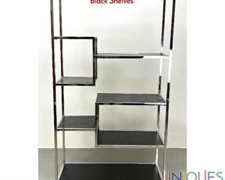 Lot 310 Milo Baughman style Chrome Etagere Display Shelf Unit. Black Shelves.