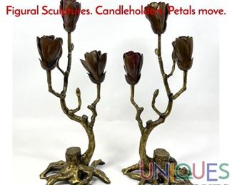Lot 312 Pr Copper Petal Brass Branch Form Figural Sculptures. Candleholders. Petals move.