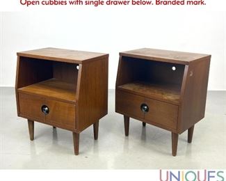 Lot 320 Pr STANLEY American Modern Walnut Night Stands. Open cubbies with single drawer below. Branded mark.