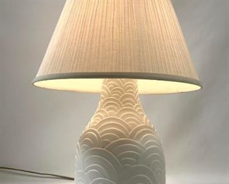Lot 322 Relief Decorated White Porcelain Table Lamp. Pottery only 13.75 tall