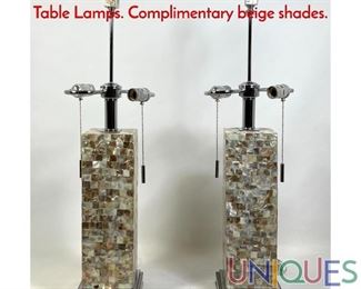 Lot 331 Pr Abalone Shell Mosaic Tile Column Form Table Lamps. Complimentary beige shades.