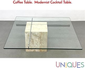 Lot 341 ARTEDI Travertine Marble, Glass and Chrome Coffee Table. Modernist Cocktail Table.