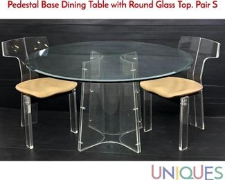 Lot 344 3pc Lucite and Glass. Cafe Table Dining Set. Pedestal Base Dining Table with Round Glass Top. Pair S