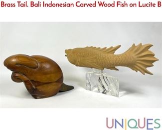 Lot 352 Carved Wood Figural Sculptures. Beaver with Brass Tail. Bali Indonesian Carved Wood Fish on Lucite B