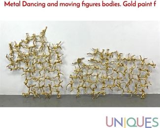 Lot 355 2pc Figural Gilt Metal Wall Sculptures. Welded Metal Dancing and moving figures bodies. Gold paint f