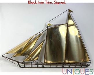 Lot 356 Signed DeMott Brass Sailboat Wall Sculpture. Black Iron Trim. Signed.
