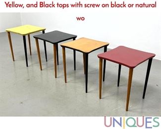 Lot 358 4pc Nesting Side Tables. Natural Wood, Red, Yellow, and Black tops with screw on black or natural wo