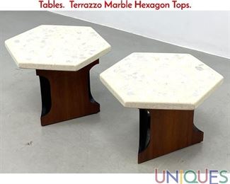 Lot 359 Pr HARVEY PROBBER American Modern Walnut Tables. Terrazzo Marble Hexagon Tops.