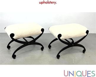Lot 365 Pr Decorator Iron X base stools. Cream Boucle upholstery.