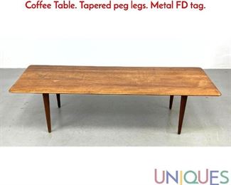 Lot 367 FRANCE DAVERKOSEN Danish Modern Teak Coffee Table. Tapered peg legs. Metal FD tag.