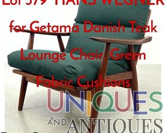 Lot 379 HANS WEGNER for Getama Danish Teak Lounge Chair. Green Fabric Cushions