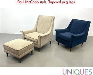 Lot 380 3pc His and Hers Lounge Chairs and Ottoman. Paul McCobb style. Tapered peg legs.