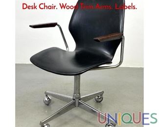 Lot 381 WESTNOFA Black Vinyl Chrome Office Desk Chair. Wood Trim Arms. Labels.