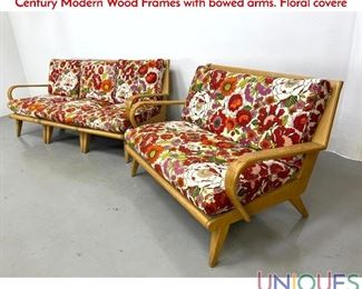 Lot 382 2pc HEYWOOD WAKEFIELD Sofa, Love Seat. Mid Century Modern Wood Frames with bowed arms. Floral covere