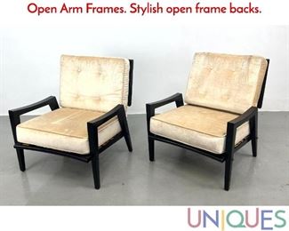 Lot 387 Pr Italian Modern Lounge Chairs. Ebonized Open Arm Frames. Stylish open frame backs.
