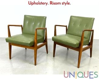 Lot 389 Pr Open Arm Lounge Chairs. Green Leather Upholstery. Risom style.