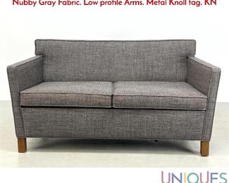 Lot 392 MIES VAN DE ROHE for KNOLL Sofa. Love Seat. Nubby Gray Fabric. Low profile Arms. Metal Knoll tag. KN