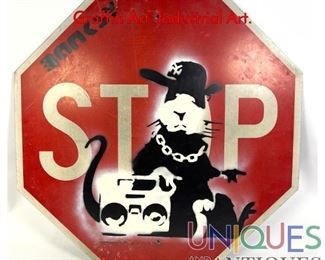 Lot 393 Silkscreen Rat on Stop Traffic Sign. Graffiti Art. Industrial Art.
