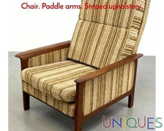 Lot 396 Danish Modern Teak High Back Lounge Chair. Paddle arms. Striped upholstery.