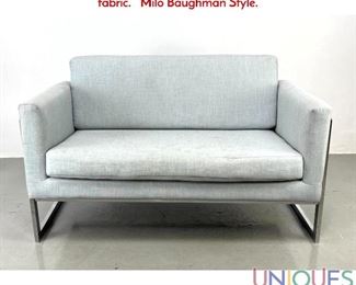Lot 399 Modernist Chrome Frame Upholstered Love Seat. Gray fabric. Milo Baughman Style.