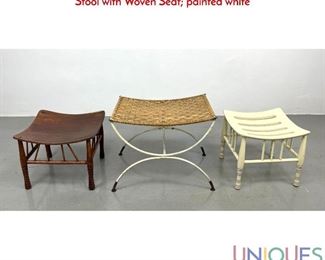 Lot 400 Collection of 3 Stools. Two Thebes Wood Stools. One Iron Stool with Woven Seat painted white
