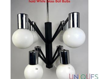 Lot 407 Modernist Black and Chrome Chandelier. Eight Arms hold White Glass Ball Bulbs