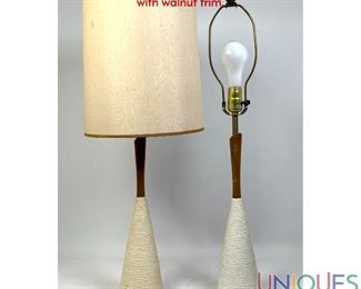 Lot 414 Pr Mid Century Modern Table Lamps. Cone form bases with walnut trim.