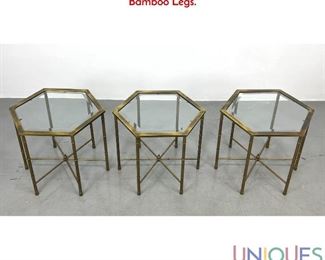 Lot 415 Set 3 Hexagonal Brass and Glass Side Tables. Faux Bamboo Legs.