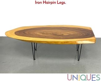 Lot 416 Live Edge Wood Tree Slab Coffee Table. Black Iron Hairpin Legs.