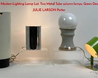 Lot 420 4pc Modern Lighting Lamp Lot. Two Metal Tube column lamps. Green Desk Task Lamp. JULIE LARSON Potter