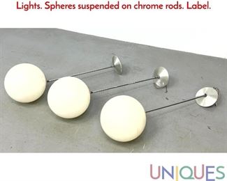 Lot 422 3pc ITT ART METAL Ball Shade Pendant Lights. Spheres suspended on chrome rods. Label.